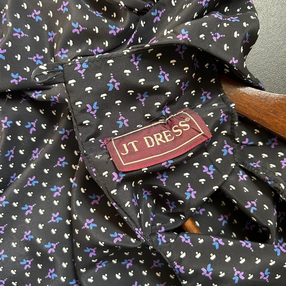 Vintage 80's JT Dress Vintage Midi Dress Womens Black Purple Micro Print Belted - Picture 6 of 8